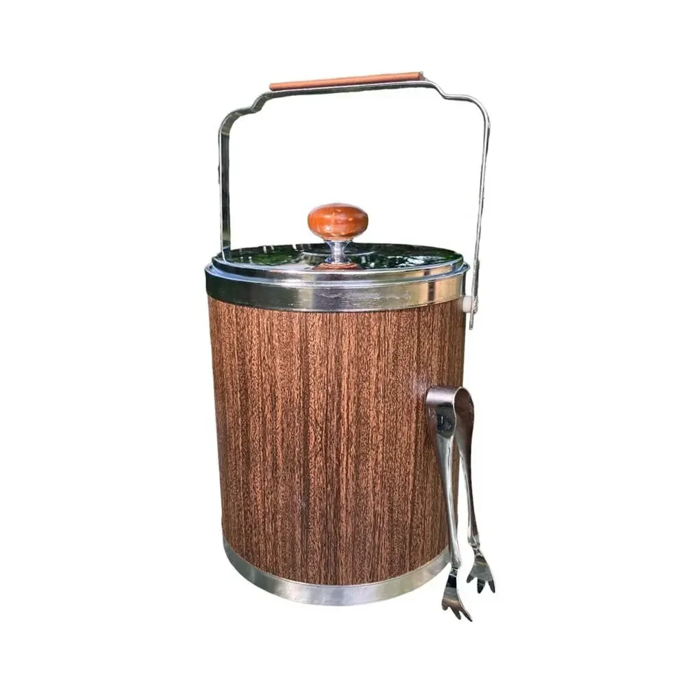 Vintage Retro Kromex Ice Bucket Faux Wood Grain & Chrome Mid Century Modern USA